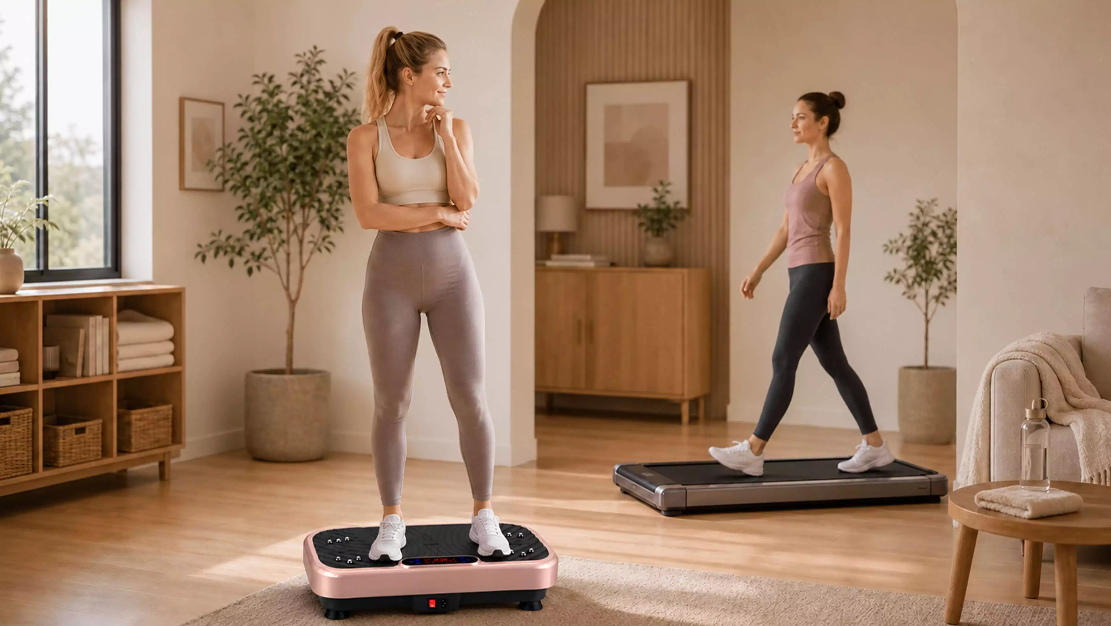 Woman comparing WATEYA Vibe Plate Core with a walking pad