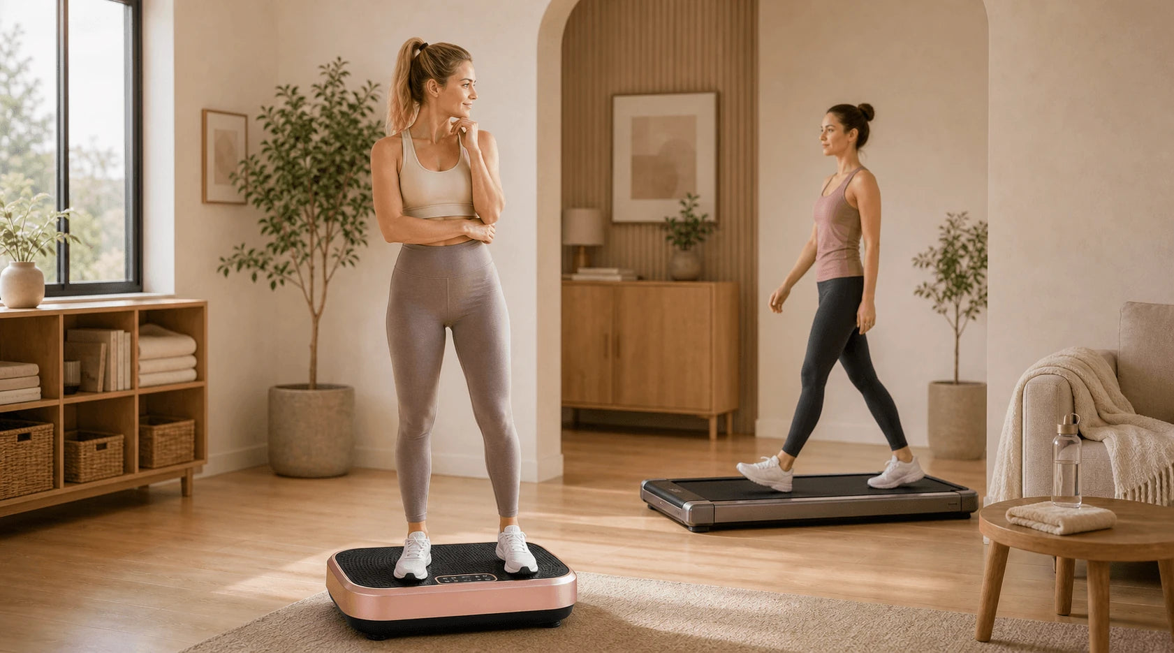 Woman comparing WATEYA Vibe Plate Core with a walking pad