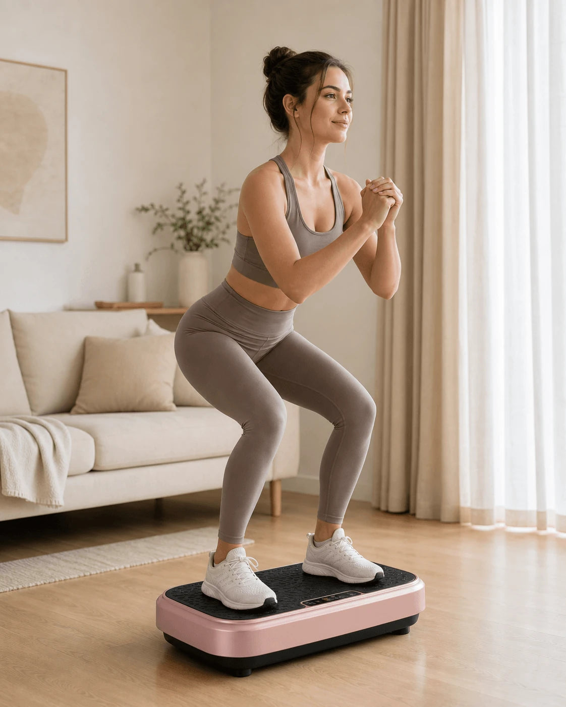 Woman using WATEYA Vibe Plate Core in a living room
